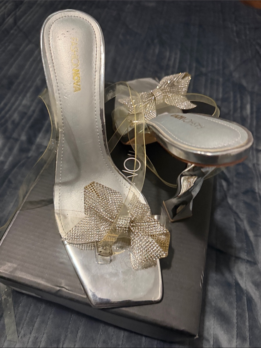 Fashion Nova Silver Heeled Sandals with Rhinestone Bow